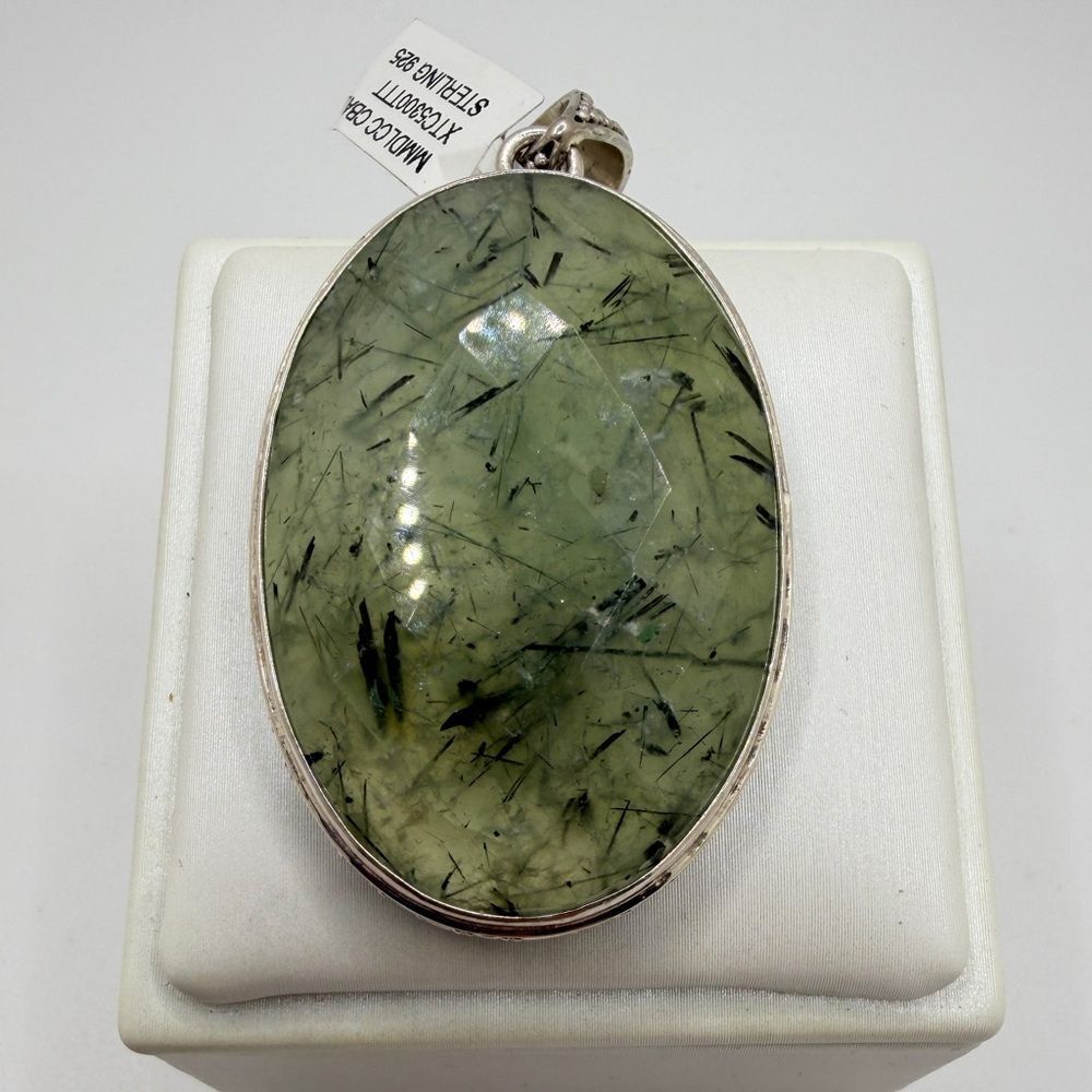 NWT 27x41mm MONSTER faceted/checkerboard PREHNITE pendant in BALI 925!